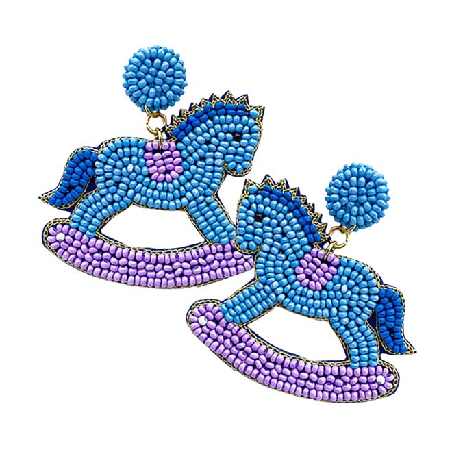 Blue Felt Back Beaded Baby Rocking Horse Dangle Earrings, are fun Style earrings for women that will add a touch of fashion and fun to any attire & add a fashion statement to any outfit. These beautiful & lightweight dangle earrings are designed with various elements. These beaded rocking horses dangle earrings will be the highlight of any outfit & add a touch of whimsy to your costume jewelry collection!