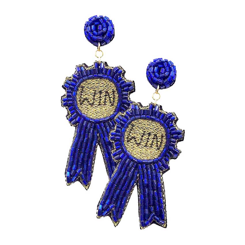 Blue Felt Back Beaded Sports Winning Badge Dangle Earrings, Enhance your attire with the statement sports-winning badge earrings to show off your fun trendsetting style. Whether you have your hair down or tied up pony, a variety of earrings would suit your hairstyle, dressing sense, and jawline. Go for one that enhances and accentuates your looks.