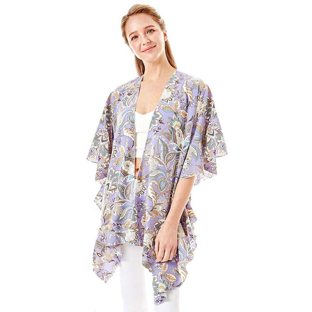 Blue Floral Paisley Printed Ruffle Sleeves Cover Up Kimono Poncho, This Poncho is Soft, Lightweight and Breathable Fabric, Close to Skin, Comfortable to Wear. Sophisticated, flattering and cozy, this Poncho drapes beautifully for a relaxed, pulled-together look. Suitable for Weekend, Work, Holiday, Beach, Party, Club, Night, Evening, Date, Casual and Other Occasions in Spring, Summer and Autumn.