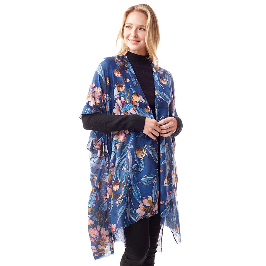 Blue Floral Printed Gold Foil Accented Ruana Poncho, is an awesome and gorgeous accessory for enlightening your beautiful look and representing the perfect class with confidence. You'll love this gold foil gorgeous poncho and it will become a favorite accessory to enrich your attire. Throw it on over so many pieces elevating any casual outfit to get cute compliments. 