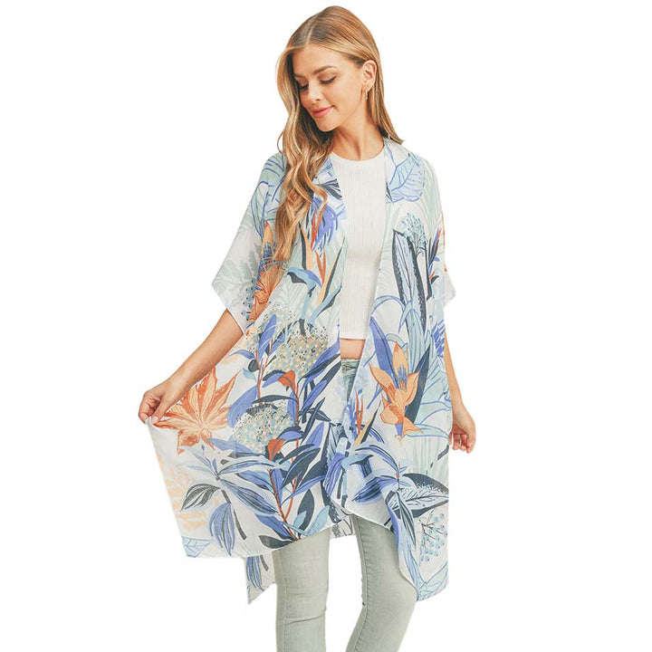 Blue Flower Print Cover Up Kimono Poncho, Absolutely fab for this summer & spring season to amp up your attire & make you comfortable in dressing up. These kimonos feature a beautiful flower pattern that is easy to pair with so many tops. Lightweight and breathable fabric, comfortable to wear. Suitable for weekends, work, holidays, beach, parties, clubs, nights, evenings, dates, casual and other occasions in spring, summer & autumn.