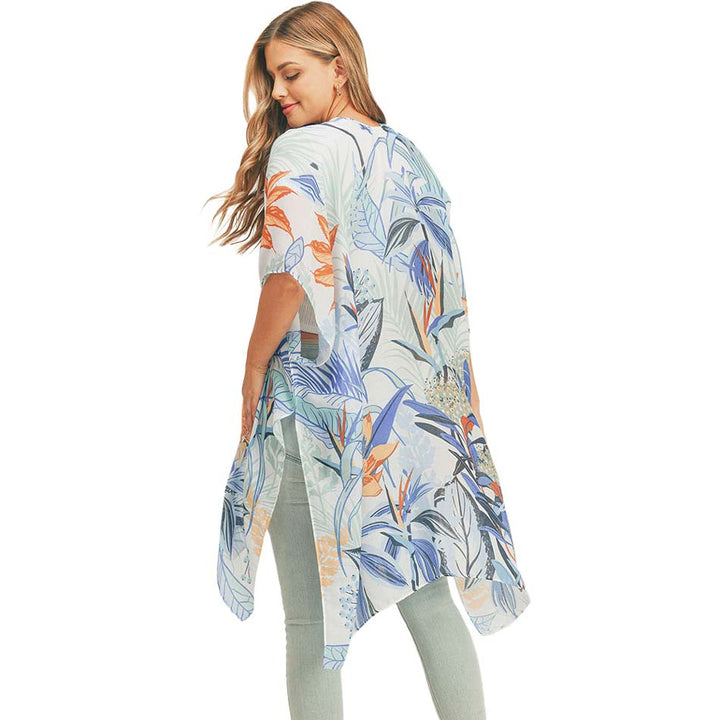 Blue Flower Print Cover Up Kimono Poncho, Absolutely fab for this summer & spring season to amp up your attire & make you comfortable in dressing up. These kimonos feature a beautiful flower pattern that is easy to pair with so many tops. Lightweight and breathable fabric, comfortable to wear. Suitable for weekends, work, holidays, beach, parties, clubs, nights, evenings, dates, casual and other occasions in spring, summer & autumn.