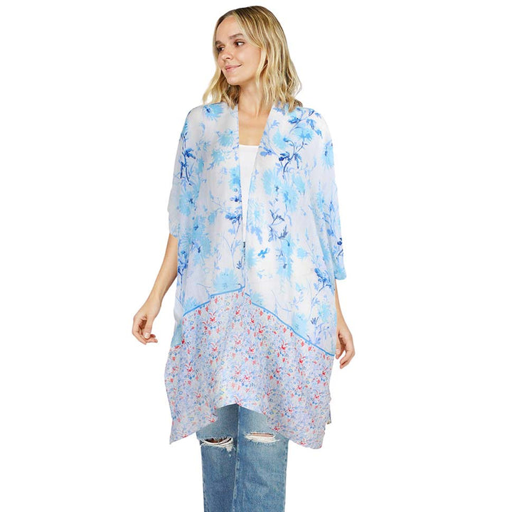 Blue Flower Patterned Cover Up Kimono Poncho, beautifully flower-patterned Poncho is made of soft and breathable material that amps up your real and gorgeous look with a perfect attraction anywhere, anytime. Its eye-catchy design makes you stand out. Coordinate this cover-up kimono with any ensemble to finish in perfect style and get ready to receive beautiful compliments.