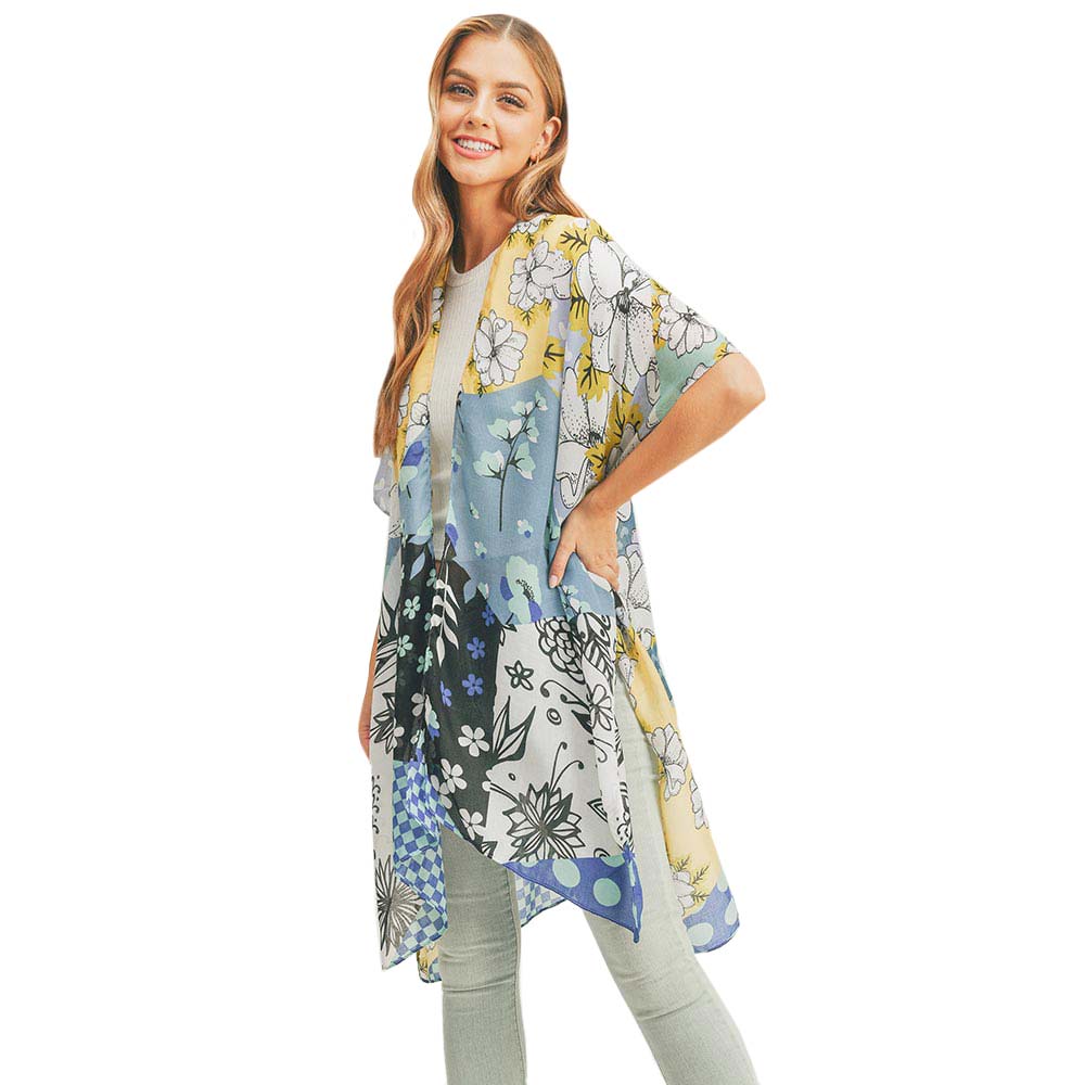 Blue Flower Print Cover Up Kimono Poncho, Absolutely fab for this summer & spring season to amp up your attire & make you comfortable in dressing up. These kimonos feature a beautiful flower pattern that is easy to pair with so many tops. Lightweight and breathable fabric, comfortable to wear. Suitable for weekends, work, holidays, beach, parties, clubs, nights, evenings, dates, casual and other occasions in spring, summer & autumn.