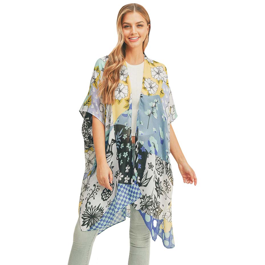 Blue Flower Print Cover Up Kimono Poncho, Absolutely fab for this summer & spring season to amp up your attire & make you comfortable in dressing up. These kimonos feature a beautiful flower pattern that is easy to pair with so many tops. Lightweight and breathable fabric, comfortable to wear. Suitable for weekends, work, holidays, beach, parties, clubs, nights, evenings, dates, casual and other occasions in spring, summer & autumn.