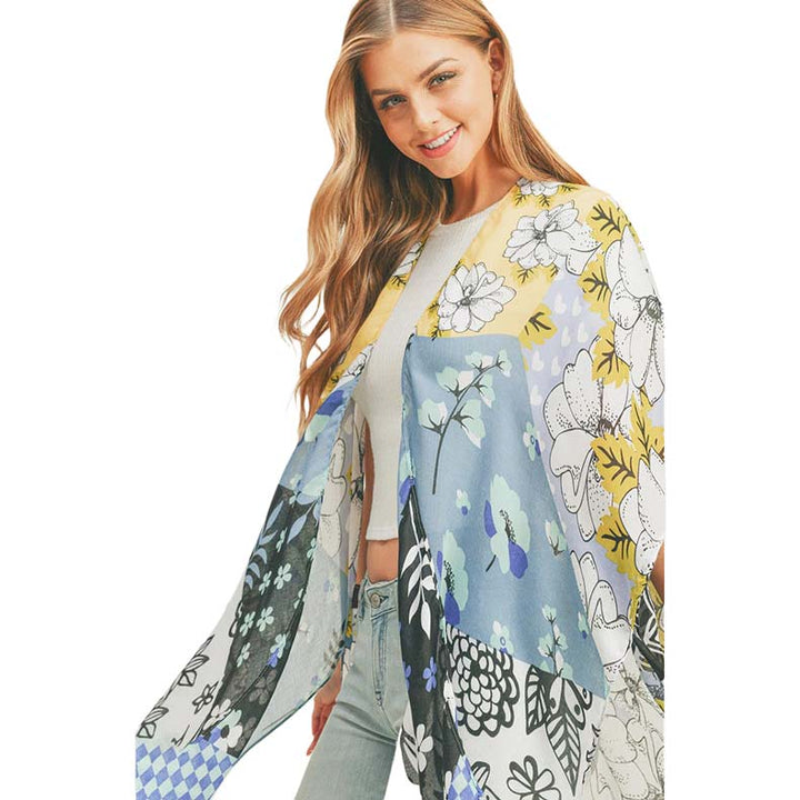 Blue Flower Print Cover Up Kimono Poncho, Absolutely fab for this summer & spring season to amp up your attire & make you comfortable in dressing up. These kimonos feature a beautiful flower pattern that is easy to pair with so many tops. Lightweight and breathable fabric, comfortable to wear. Suitable for weekends, work, holidays, beach, parties, clubs, nights, evenings, dates, casual and other occasions in spring, summer & autumn.