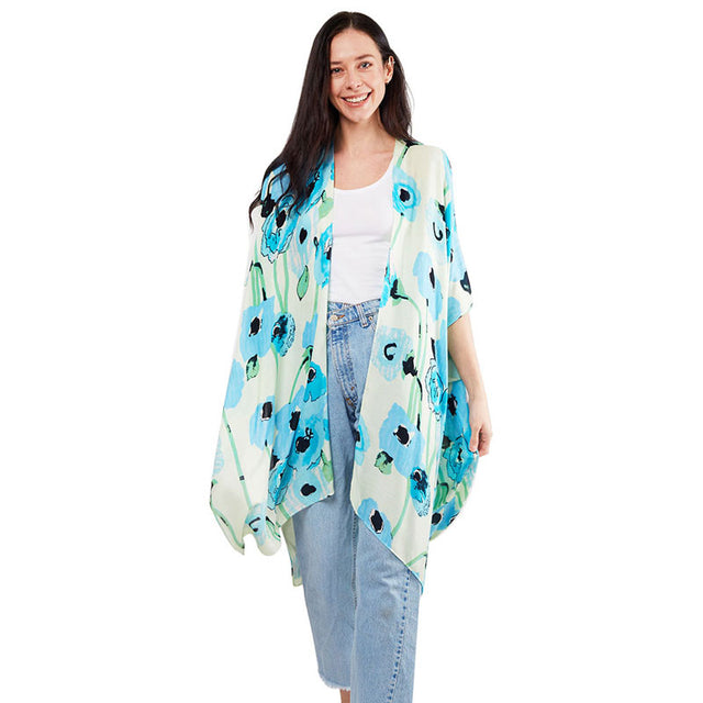 Blue Flower Print Kimono Poncho, Luxurious, trendy, super soft chic capelet, keeps you warm and toasty. You can throw it on over so many pieces elevating any casual outfit! Perfect Gift for Wife, Birthday, Holiday, Christmas, Anniversary, Fun Night Out, Valentine's Day Gift.