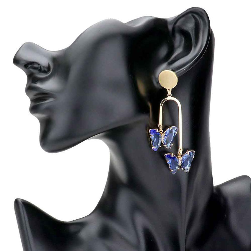 Blue Geometric Metal Double Lucite Butterfly Dangle Earrings, will take your look up a notch, versatile enough for wearing straight through the week, perfectly lightweight for all-day wear, coordinate with any ensemble from business casual to everyday wear, the perfect addition to every outfit. Adds a touch of nature-inspired butterfly themed  beauty to your look.Gift someone or yourself these ultra-chic earrings,
