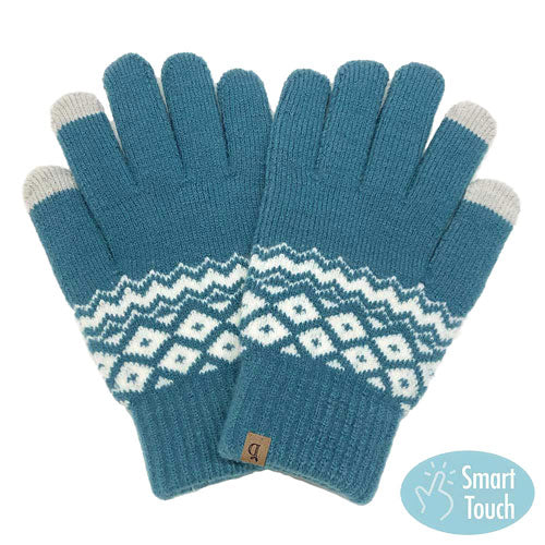 Blue Geometric Patterned Knit Smart Gloves, Before running out the door into the cool air, you’ll want to reach for these toasty gloves to keep your hands incredibly warm. Accessorize the fun way with these fashionable gloves, it's the autumnal touch you need to finish your outfit in style. Awesome winter gift accessory!