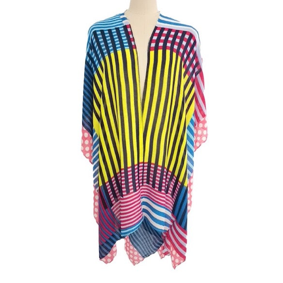 Blue Geometric Printed Design Multi Shape Cover Up Kimono Poncho Beachwear; Oceanside or poolside chic, relaxed silhouette, great over your swimsuit or to wear over your favorite cami, shirt & slacks. Perfect Birthday Gift, Anniversary Gift, Mother's Day Gift, Graduation Gift, Geometric Print Kimono, Geometric Print Poncho