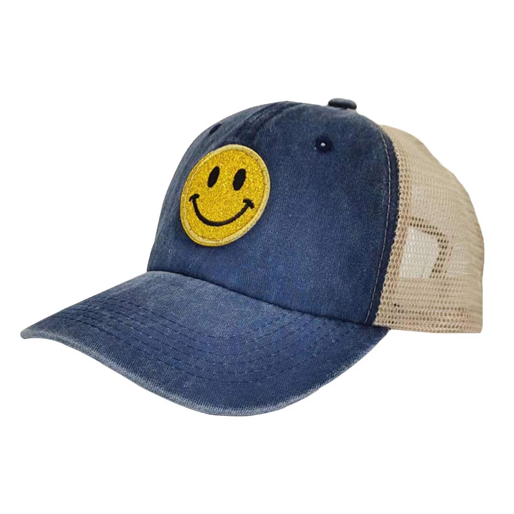 Blue Glittered Smile Patch Mesh Back Baseball Cap, features an embroidered smile face patch on the front, bringing a smile to everyone you pass by and showing your kindness to others. The pre-curved brim of the smile mesh baseball cap helps shield sunlight, keeping your face from harmful ultraviolet rays and preventing sunburn in summer. This beautiful baseball cap is comfortable to wear for a long time in hot weather. Glittered smile patch baseball cap is great for outdoor activities or indoor wear.