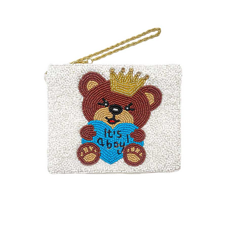Blue It's a boy Message Bear Seed Beaded Mini Pouch Bag, perfectly goes with any outfit and shows your trendy choice to make you stand out on your special occasion. Carry out this message-themed mini pouch bag while attending a special occasion. Perfect for carrying makeup, money, credit cards, keys or coins, etc. It's lightweight and perfect for easy carrying. 