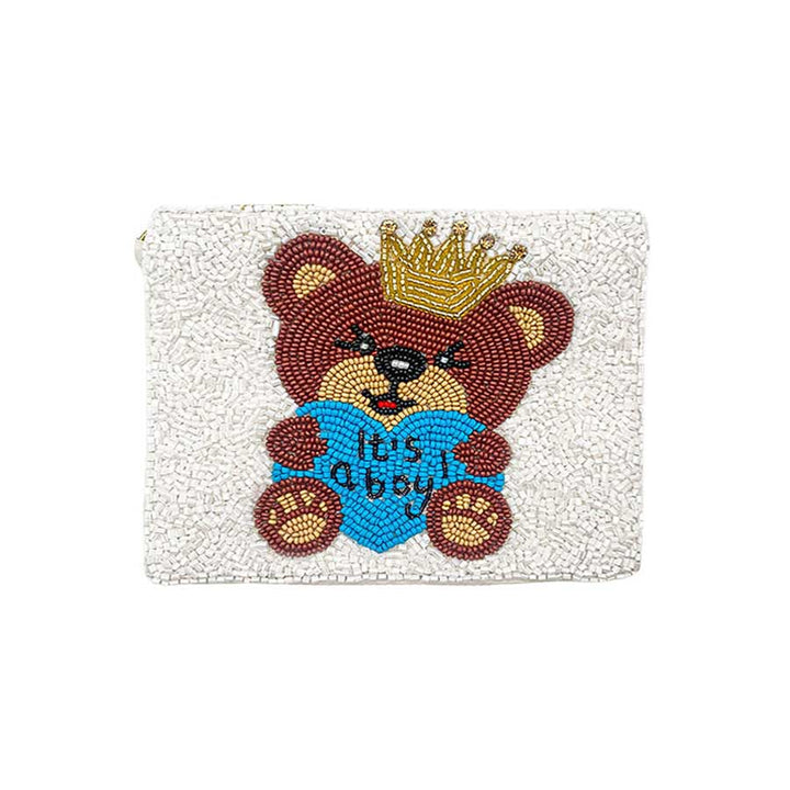 Blue It's a boy Message Bear Seed Beaded Mini Pouch Bag, perfectly goes with any outfit and shows your trendy choice to make you stand out on your special occasion. Carry out this message-themed mini pouch bag while attending a special occasion. Perfect for carrying makeup, money, credit cards, keys or coins, etc. It's lightweight and perfect for easy carrying. 