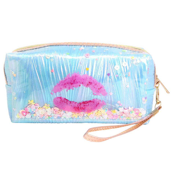 Blue Kiss Lips Shaker Glitter Pouch Bag. Show your trendy side with this awesome pouch bag. Have fun and look stylish. Versatile enough for carrying straight through the week, perfectly lightweight to carry around all day. Perfect Birthday Gift, Anniversary Gift, Mother's Day Gift, Graduation Gift, Valentine's Day Gift.