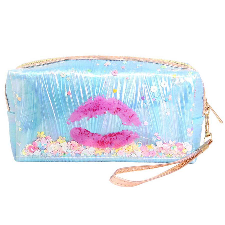 Blue Kiss Lips Shaker Glitter Pouch Bag. Show your trendy side with this awesome pouch bag. Have fun and look stylish. Versatile enough for carrying straight through the week, perfectly lightweight to carry around all day. Perfect Birthday Gift, Anniversary Gift, Mother's Day Gift, Graduation Gift, Valentine's Day Gift.