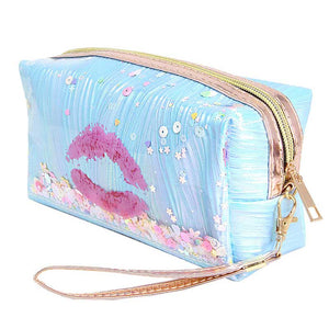 Blue Kiss Lips Shaker Glitter Pouch Bag. Show your trendy side with this awesome pouch bag. Have fun and look stylish. Versatile enough for carrying straight through the week, perfectly lightweight to carry around all day. Perfect Birthday Gift, Anniversary Gift, Mother's Day Gift, Graduation Gift, Valentine's Day Gift.