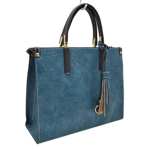 Blue Large Shoulder Vegan Leather Tassel Handbag For Women. High quality Vegan Leather is a luxurious and durable, Stay organized in style with this square-shaped shopper tote bag that is fully two contrasting interior and exterior solid colors. This vegan leather handbag includes an on-trend removable tassel embellishment. Guaranteed, This will be your go-to handbag. 