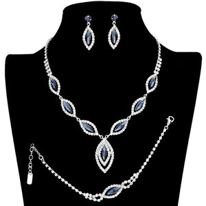 Blue Marquise Rhinestone Necklace Jewelry Set. Stunning jewelry sets suits any style and occasion wear over your favorite tops and dresses this season!  Adds the perfect accent to your wardrobe. A timeless treasure designed to accent the neckline adds a gorgeous stylish glow to any outfit style, jewelry that fits your lifestyle! This rhinestone jewelry set piece is versatile and goes with practically anything! A fabulous gift, ideal for your loved one or yourself.