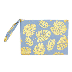 Blue Metallic Tropical Leaf Patterned Pouch Clutch Bag, look like the ultimate fashionista even when carrying a small pouch for your money or credit cards. Great for when you need something small to carry or drop in your bag. Perfect for grab and go errands, keep your keys handy & ready for opening doors as soon as you arrive.