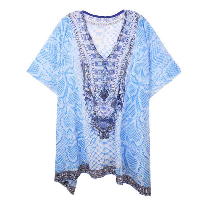 Blue Mixed Print Poncho, this Cover Up poncho featuring mixed print and a relaxed silhouette. Lightweight and Breathable Fabric, Close to Skin, Comfortable to Wear. Suitable for Weekend, Work, Holiday, Beach, Party, Club, Night, Evening, Date, Casual and Other Occasions in Spring, Summer and Autumn.