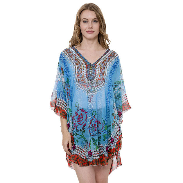 Blue Multi Red Mixed Print Cover Up Poncho, this lightweight Cover Up poncho featuring mixed  print and a relaxed silhouette. A fashionable eye catcher, will quickly become one of your favorite accessories, Look perfectly breezy and laid-back as you head to the beach. Great for dating, hanging out, vacation, holiday, outwear. Perfect Gift for Wife, Birthday, Holiday, Fun Night Out.