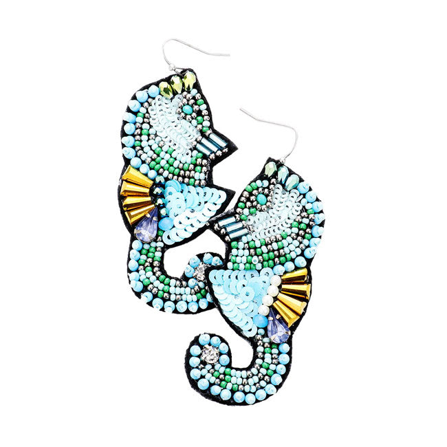 Blue Multi Stone Sequin Seed Bead Seahorse Earrings. Multi Stone Seahorse Earrings fun handcrafted jewelry that fits your lifestyle, adding a pop of pretty color. Enhance your attire with these vibrant artisanal earrings to show off your fun trendsetting style. This sea-themed earrings is perfectly coordinate with any ensemble from business casual to everyday wear, ideal for parties, events, holidays.