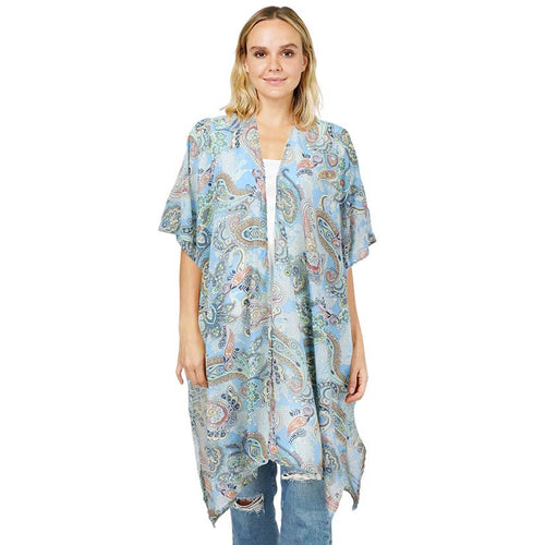 Poncho tipo kimono con estampado paisley - Azul