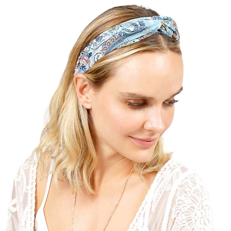 Blue Paisley Patterned Twisted Headband, Push your hair back and spice up any plain outfit with this twisted paisley-patterned headband! Be the ultimate trendsetter & be prepared to receive compliments wearing this chic headband with all your stylish outfits! Add a super neat and trendy twist to any boring style. Perfect for everyday wear, special occasions, outdoor festivals, and more. Awesome gift idea for your loved one or yourself