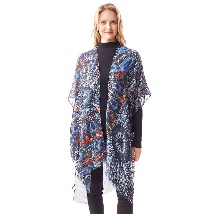 Blue Peacock Feather Printed Ruana Poncho, beautifully Peacock Feather designed Poncho is made of soft and breathable material that amps up your real and gorgeous look with a perfect attraction anywhere, anytime. Its eye-catchy design makes it unique from others and makes you stand out. Coordinate with any ensemble to finish in perfect style and get ready to receive beautiful compliments. It will be your favorite accessory to wear everywhere with confidence.