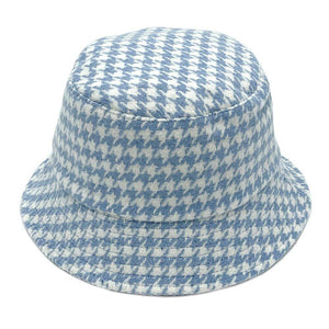 Blue Polyester Houndstooth Patterned Bucket Hat, this bucket hat doubles as a rain hat and is snug on the head and stays on well. It will work well to keep the rain off the head and out of the eyes and also the back of the neck. Wear it to lend a modern liveliness above a raincoat on trans-seasonal days in the city.