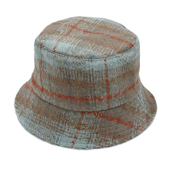 Blue Polyester Plaid Check Patterned Bucket Hat, this bucket hat doubles as a rain hat and is snug on the head and stays on well. It will work well to keep the rain off the head and out of the eyes and also the back of the neck. Wear it to lend a modern liveliness above a raincoat on trans-seasonal days in the city.