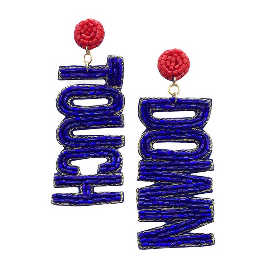 Blue Red Felt Back Touch Down Message Beaded Dangle Earrings. Gift someone or yourself these ultra-chic earrings, they will take your look up a notch, these sports themed earrings versatile enough for wearing straight through the week, coordinate with any ensemble from business casual to wear, the perfect addition to every outfit. Perfect jewelry gift to expand a woman's fashion wardrobe with a modern, on trend style.