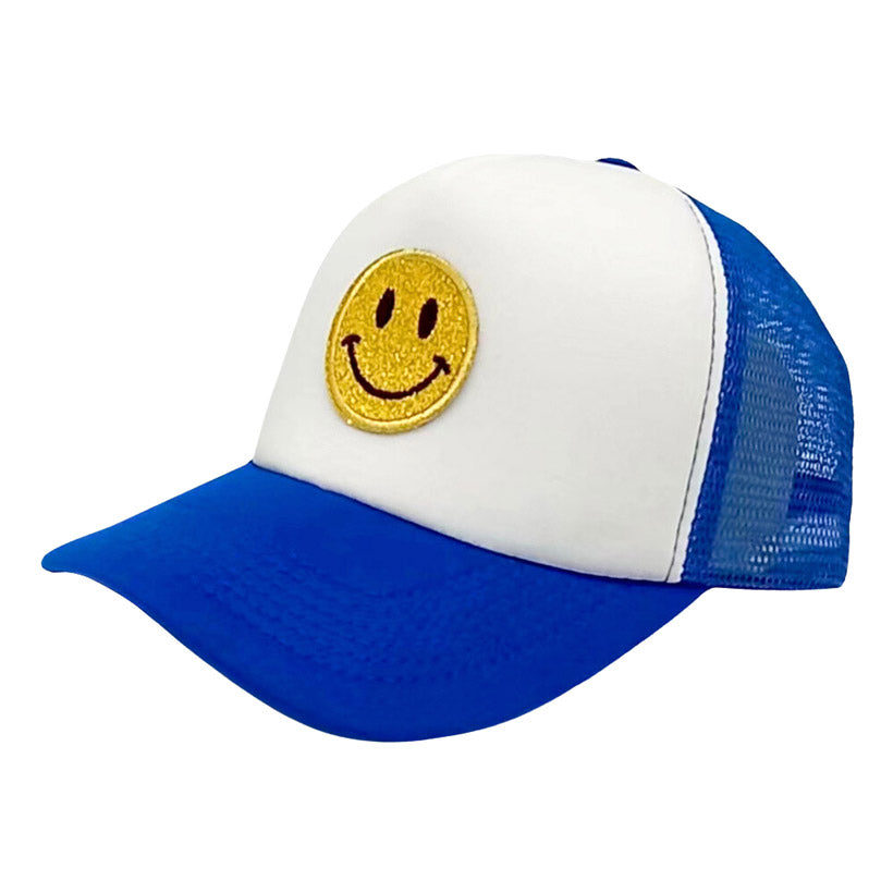 Blue Smile Accented Mesh Back Baseball Cap, features an embroidered smile face patch on the front, bringing a smile to everyone you pass by and showing your kindness to others. These are Perfect Birthday gifts, Anniversary gifts, Mother's Day gifts, Graduation gifts, Valentine's Day gifts, or any occasion.