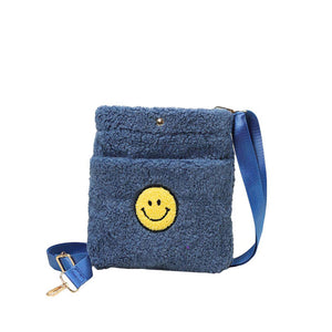 Blue Smile Pointed Sherpa Rectangle Crossbody Bag, This high quality smile crossbody bag is both unique and stylish. perfect for money, credit cards, keys or coins, comes with a belt for easy carrying, light and simple. Look like the ultimate fashionista carrying this trendy Smile Pointed Sherpa Rectangle Crossbody Bag!
