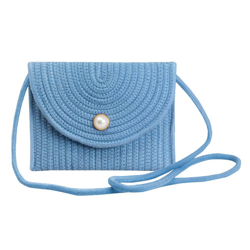 Bolso bandolera micro de paja de color liso con botón de perla - Azul