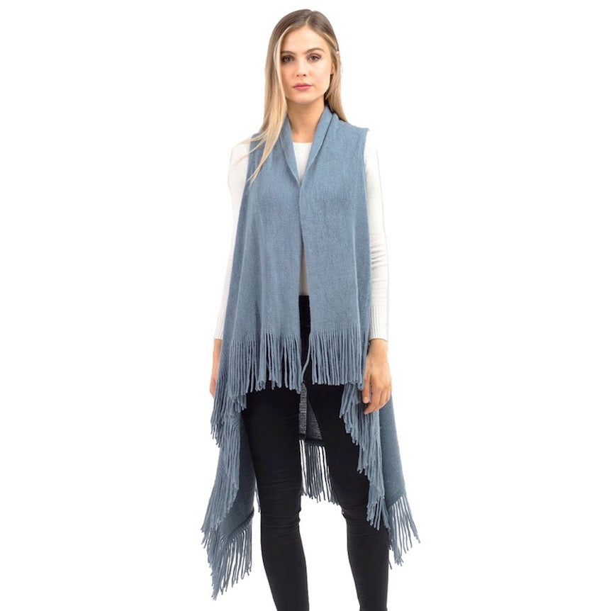 Blue Knit Design Solid Fringe Tassel Knit Poncho Outwear Ruana Cape Vest, the perfect accessory, luxurious, trendy, super soft chic capelet, keeps you warm & toasty. You can throw it on over so many pieces elevating any casual outfit! Perfect Gift Birthday, Holiday, Christmas, Anniversary, Wife, Mom, Special Occasion