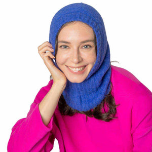 Blue Solid Snood Hat, This classic snood will provide warmth in the winter. Comfortable and lightweight made with breathable fabric. Fabulous and stylish knitting pattern for an all-in-one hat and snood. A snood hat will become a favorite accessory in cold weather for everyday indoors and outers. The set will be a good gift for your loved ones. Care! Stay fashionable with extra warmth.