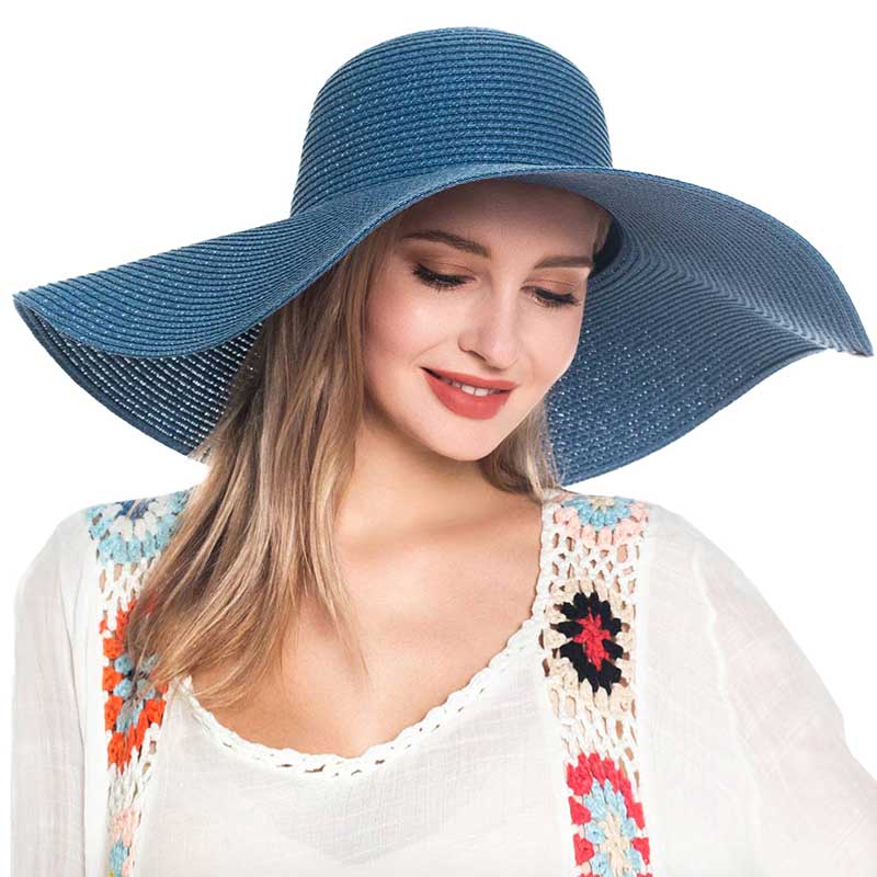Blue Solid Straw Sun Hat, This handy Portable Packable Roll Up Wide Brim Sun Visor UV Protection Floppy Crushable Straw Sun hat that block the sun off your face and neck. A great hat can keep you cool and comfortable. Large, comfortable, and ideal for travelers who are spending time in the outdoors.