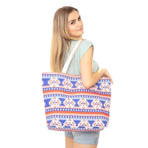 Blue Star Stripe Blue Aztec Print Beach Tote Shopper Bag is great if you are out shopping, going to the pool or beach, this bright tote bag is the perfect accessory. Spacious enough for carrying all your essentials. Great Beach, Vacation, Pool, Birthday Gift, Anniversary Girl, Paint Shopper Bag, The Must Have Accessory! 