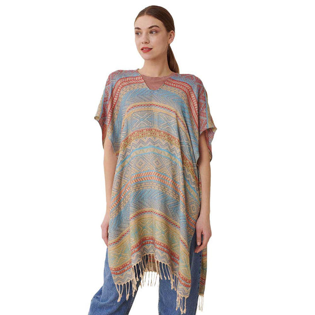 Blue Stripe Tassel Kaftan Poncho. Lightweight and soft brushed fabric exterior fabric that make you feel more comfortable. Great for dating, hanging out, daily wear, vacation, travel, shopping, holiday attire, office, work, outwear, fall, spring or early winter. Perfect Gift for Wife, Mom, Birthday, Holiday, Anniversary, Fun Night Out.