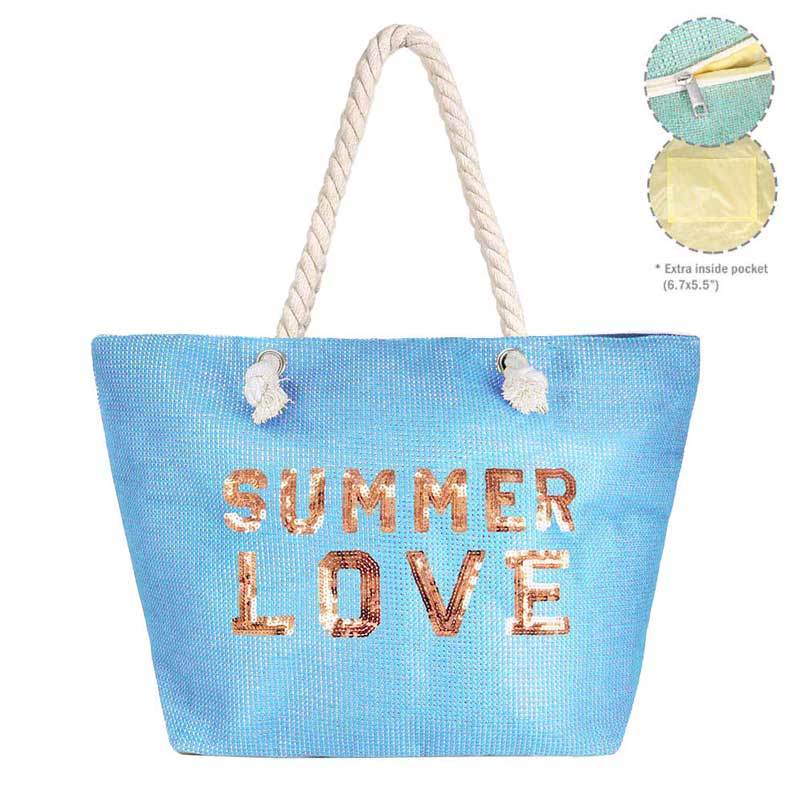 Blue Summer Love Message Glitz Beach Tote Bag, Whether you are out shopping, going to the pool or beach, this tote bag is the perfect accessory. Spacious enough for carrying all of your essentials. Perfect as a beach bag to carry foods, drinks, towels, swimsuit, toys, flip flops, sun screen and more. Gift idea for your loving one!