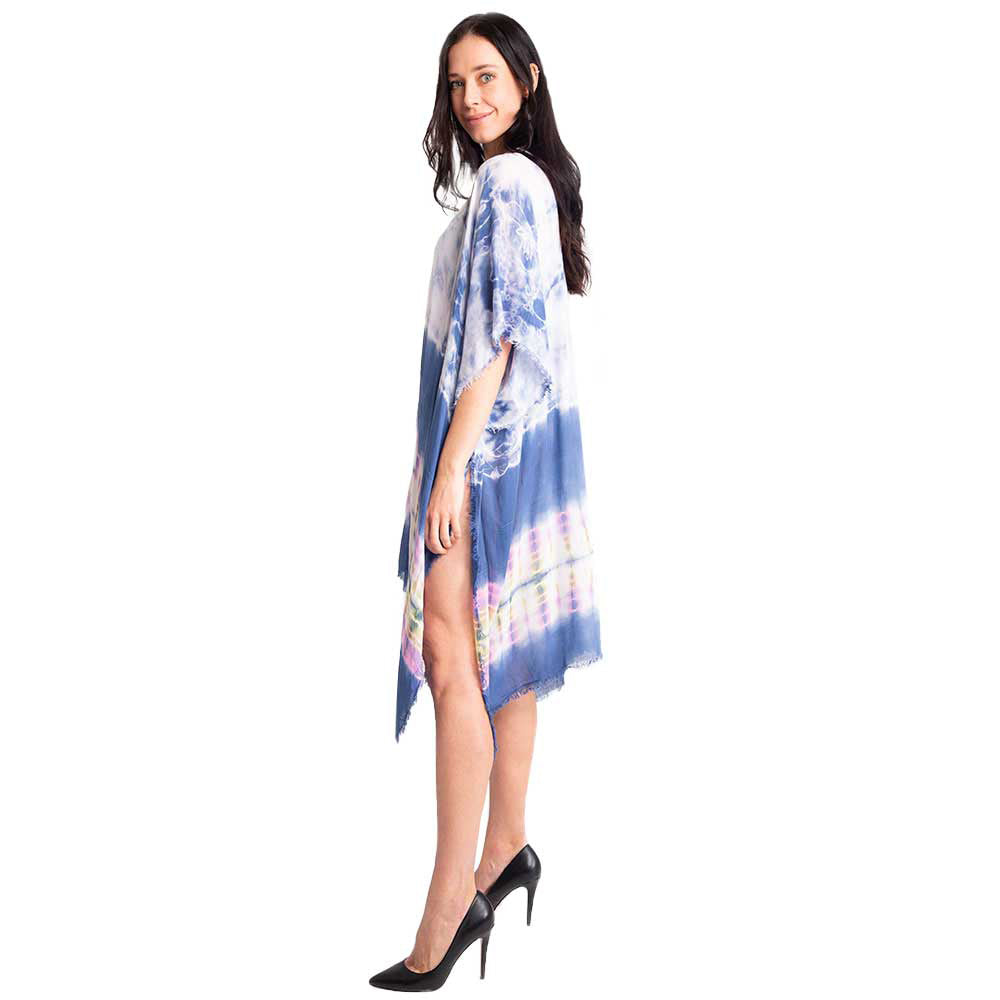 Blue Tie Dye Cover Up Kimono Poncho, These Beach Poolside chic is made easy with this lightweight cover-up featuring tonal line and a relaxed silhouette, look perfectly breezy and laid-back as you head to the beach. Also an accessory easy to pair with so many tops! From stylish layering camis to relaxed tees, you can throw it on over so many pieces elevating any casual outfit! Great gift idea for your loving one.