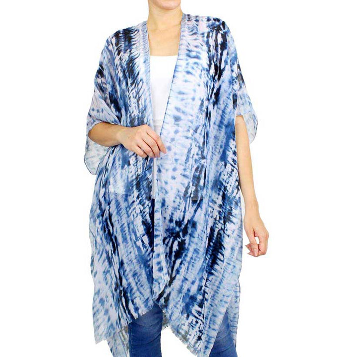 Blue Tie Dye Cover Up Kimono Poncho, on trend & fabulous, a luxe addition to any weather ensemble. The perfect accessory, luxurious, trendy, super soft chic capelet, keeps you very comfortable. You can throw it on over so many pieces elevating any casual outfit! Perfect Gift for Wife, Mom, Birthday, Holiday, Anniversary, Fun Night Out.