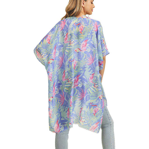 Blue Tropical Leaf Flamingo Printed Cover Up Kimono Poncho, on trend & fabulous, a luxe addition to any weather ensemble. The perfect accessory, luxurious, trendy, super soft chic capelet, keeps you very comfortable. You can throw it on over so many pieces elevating any casual outfit! Perfect Gift for Wife, Mom, Birthday, Holiday, Anniversary, Fun Night Out.