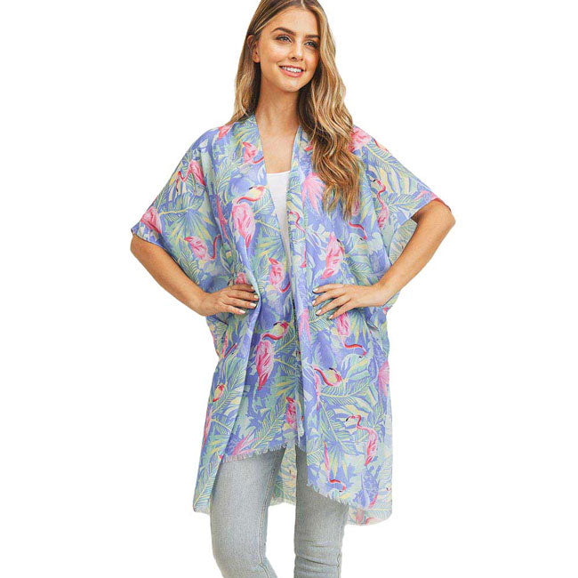 Blue Tropical Leaf Flamingo Printed Cover Up Kimono Poncho, on trend & fabulous, a luxe addition to any weather ensemble. The perfect accessory, luxurious, trendy, super soft chic capelet, keeps you very comfortable. You can throw it on over so many pieces elevating any casual outfit! Perfect Gift for Wife, Mom, Birthday, Holiday, Anniversary, Fun Night Out.