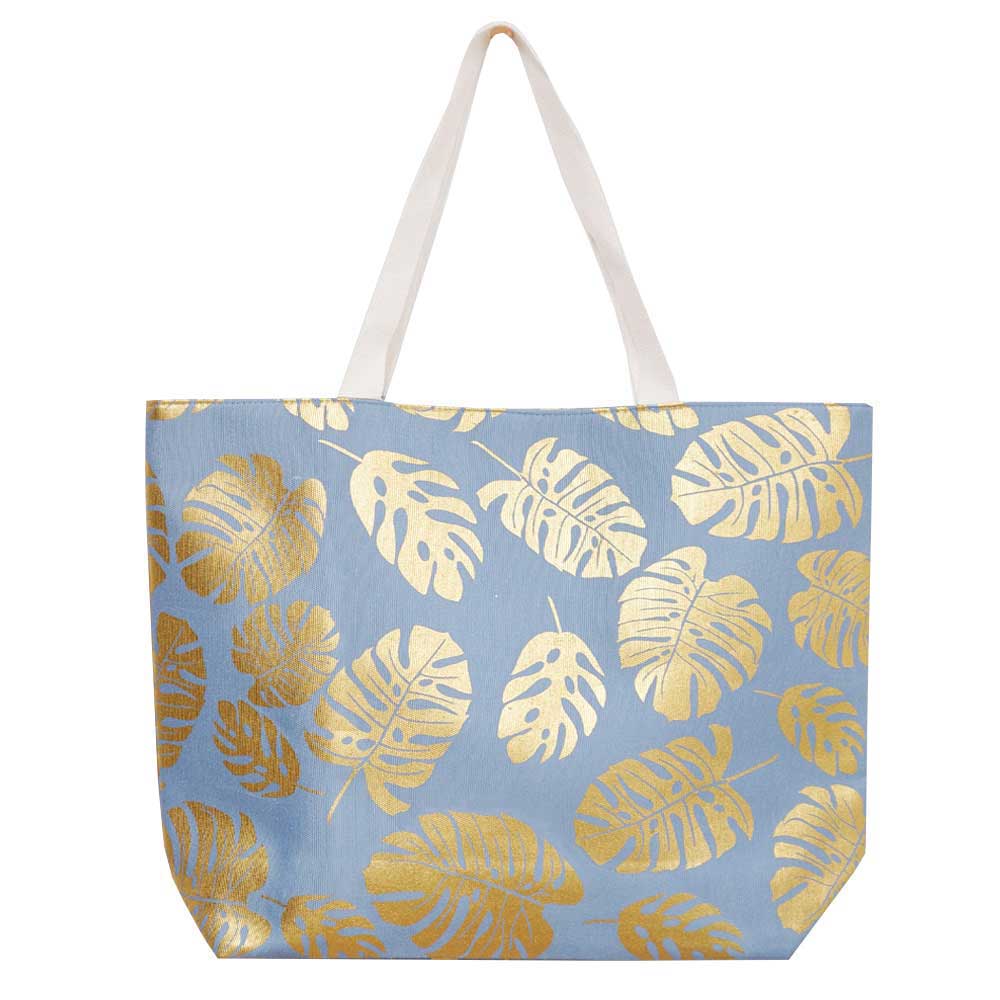 Blue Tropical Leaves Foil Beach Bag, Show your trendy side with this awesome Flower & Leaf beach tote bag. Spacious enough for carrying any and all of your seaside essentials. The soft rope straps really helps carrying this shoulder bag comfortably. Folds flat for easy packing. Perfect as a beach bag to carry foods, drinks, big beach blanket, towels, swimsuit, toys, flip flops, sun screen and more.