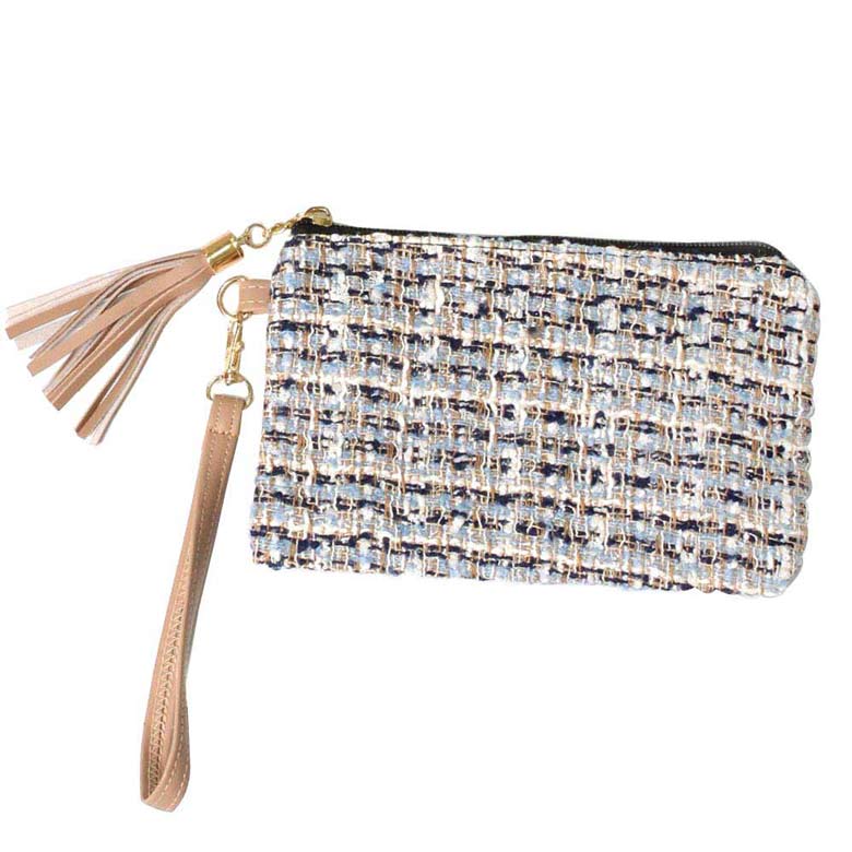 Blue Tweed Lurex Wristlet Pouch Bag. put in your bag, and find quickly with its bright colors. This wristlet clutch bag is lightweight and has a detachable strap that helps to carry more comfortably. Great for running small errands while keeping your hands free. An ideal accessory to carry handy items. A beautiful gift item for birthdays, anniversaries, Christmas, etc.