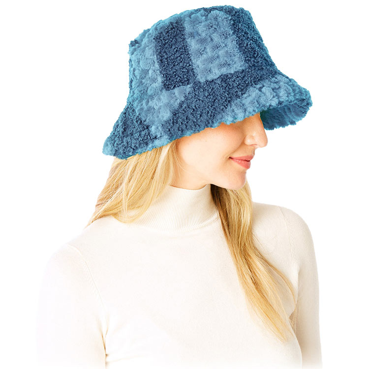 Blue Two Tone Faux Fur Bucket Hat, This Faux Fur bucket hat is nicely designed and a great addition to your attire. Have fun and look Stylish anywhere outdoors. Great for covering up when you are having a bad hair day. Perfect for protecting you from the wind, snow, beach, pool, camping, or any outdoor activities in cold weather. Amps up your outlook with confidence with this trendy bucket hat. It's the autumnal touch you need to finish your outfit in style. Awesome winter gift accessory! 