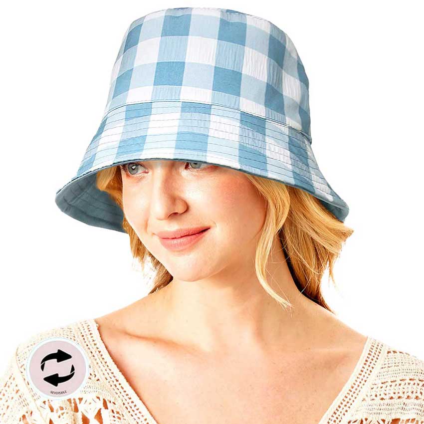 Blue Wired Brim Plaid Check Patterned Reversible Bucket Hat, show your trendy side with this Plaid Check Patterned bucket hat. Have fun and look Stylish. You can easily fold this bucket hat and put it in any backpack. Perfect for that bad hair day, or simply casual everyday wear; Great gift for that fashionable on-trend friend. Perfect Gift Birthday, Holiday, Christmas.