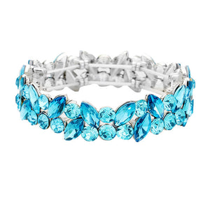 Blue Zircon Glass Crystal Marquise Stone Cluster Stretch Bracelet, Get ready with these Rhinestone Coil Bracelet, put on a pop of color to complete your ensemble. Perfect for adding just the right amount of shimmer & shine and a touch of class to special events. Perfect Birthday Gift, Anniversary Gift, Mother's Day Gift.